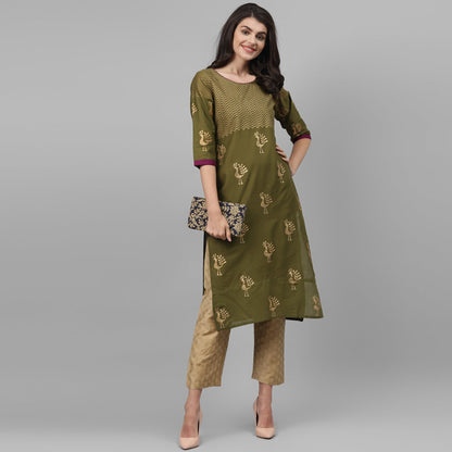 Maai Rayon Hand Printed Kurta Olive