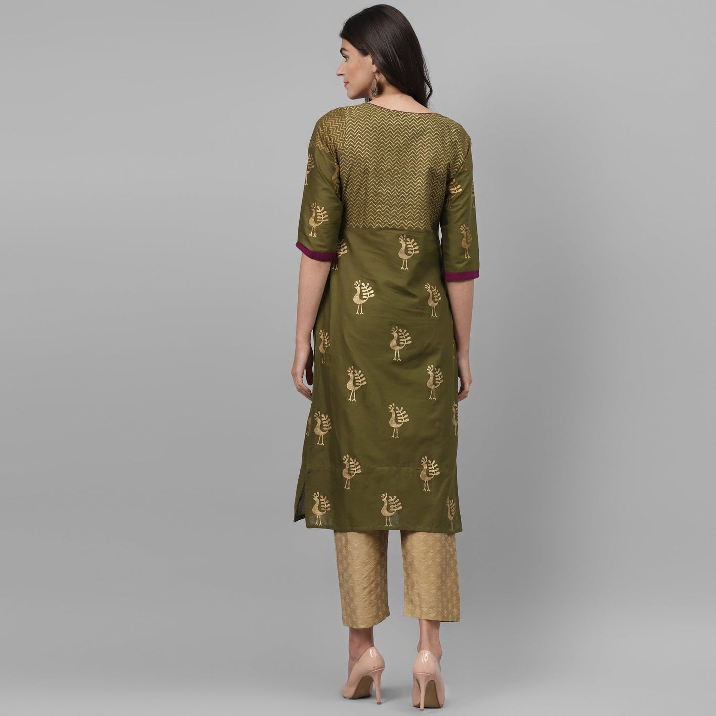 Maai Rayon Hand Printed Kurta Olive