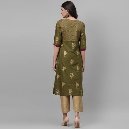 Maai Rayon Hand Printed Kurta Olive