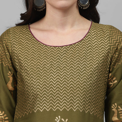 Maai Rayon Hand Printed Kurta Olive