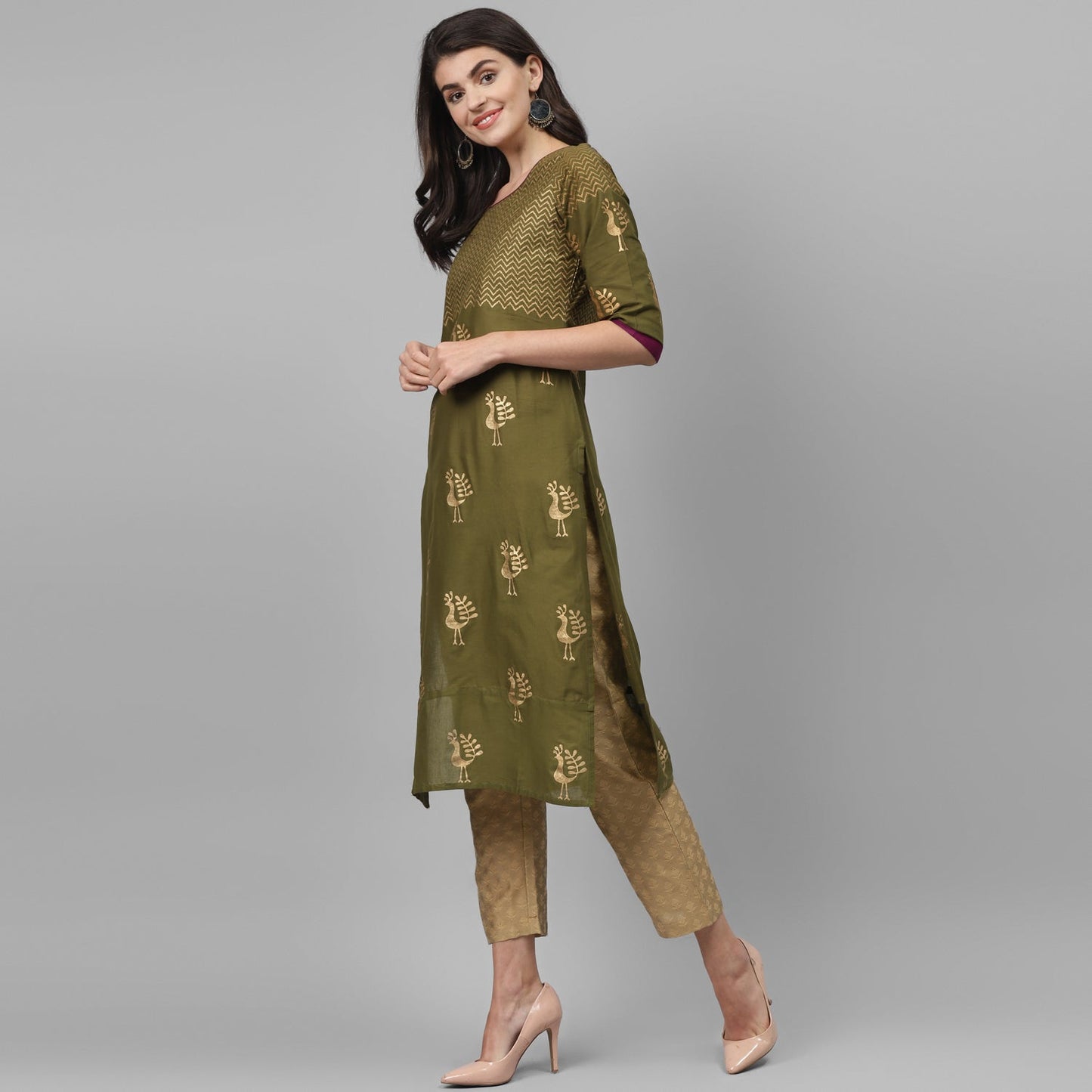 Maai Rayon Hand Printed Kurta Olive