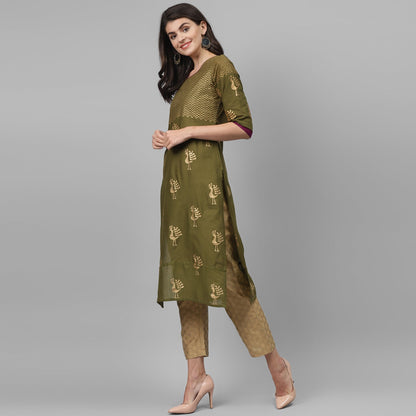Maai Rayon Hand Printed Kurta Olive