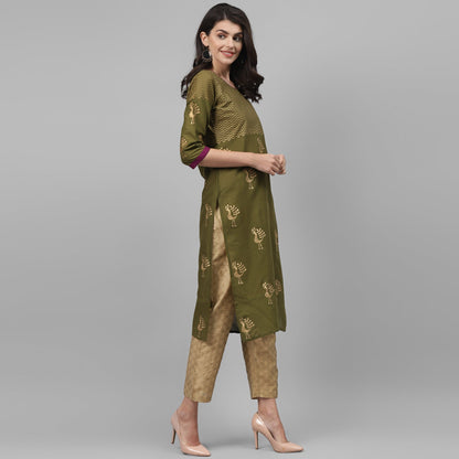Maai Rayon Hand Printed Kurta Olive