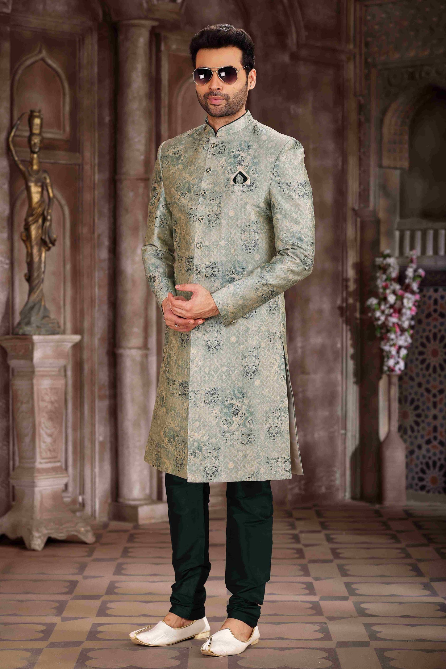 Raivat Ethnic Art Silk Digital Print Sherwani In Light Green Colour