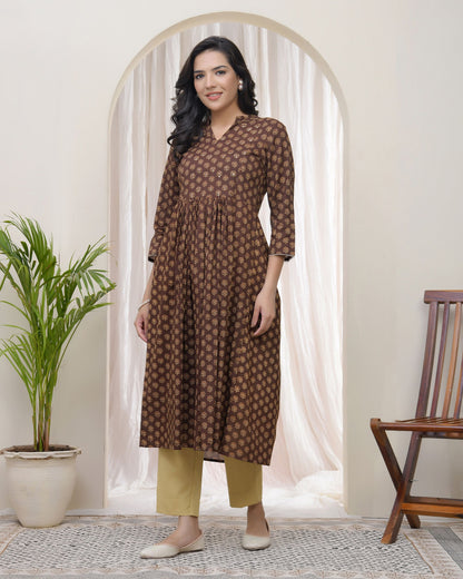 Vaasva Brown Boonta Cotton Printed Gathered Kurti