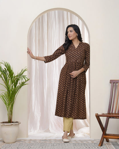 Vaasva Brown Boonta Cotton Printed Gathered Kurti