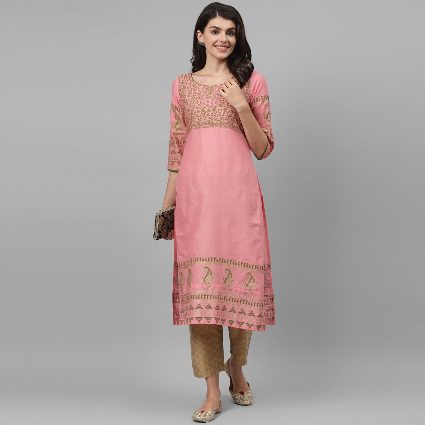 Maai Rayon Hand Printed Kurta Peach