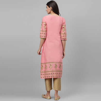 Maai Rayon Hand Printed Kurta Peach