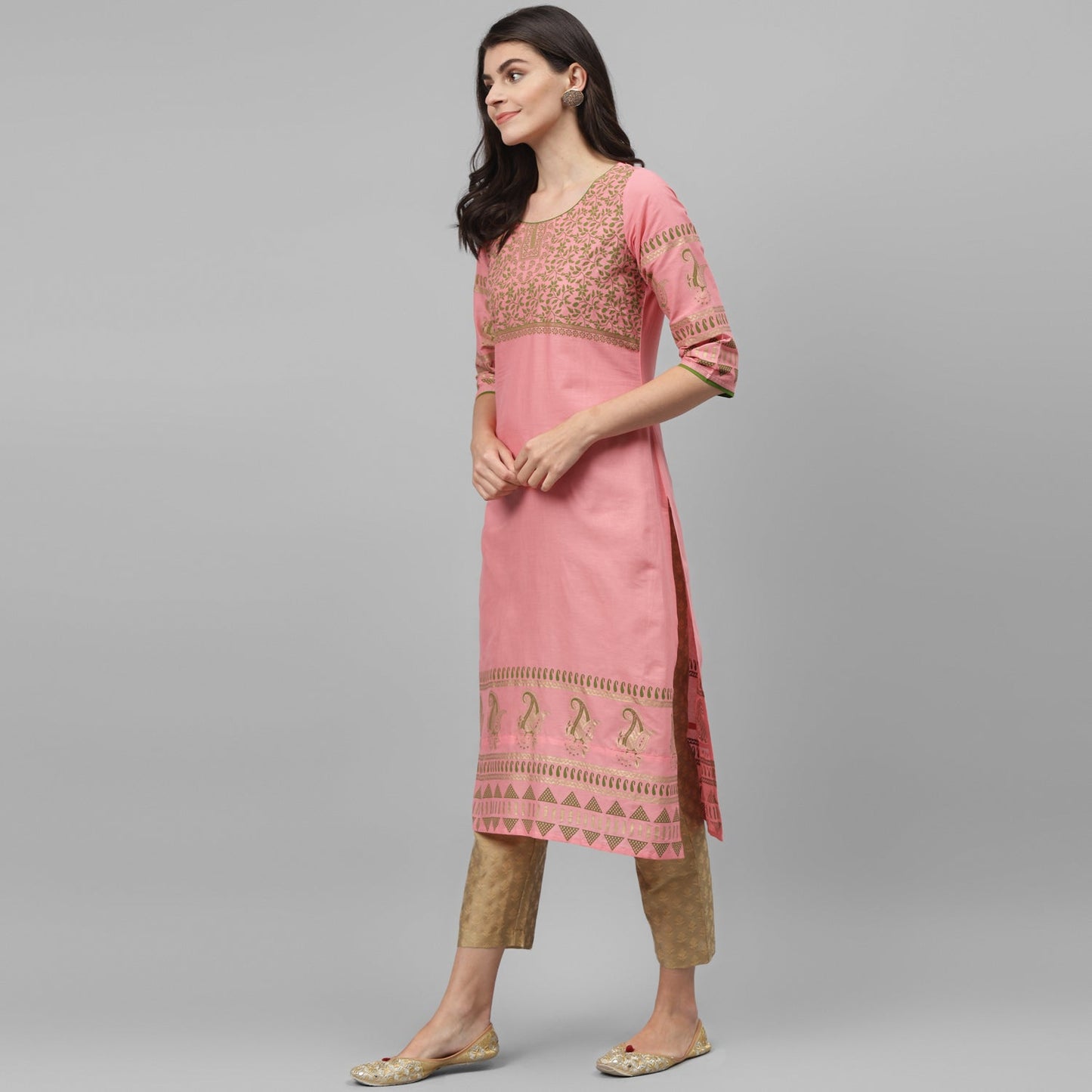 Maai Rayon Hand Printed Kurta Peach