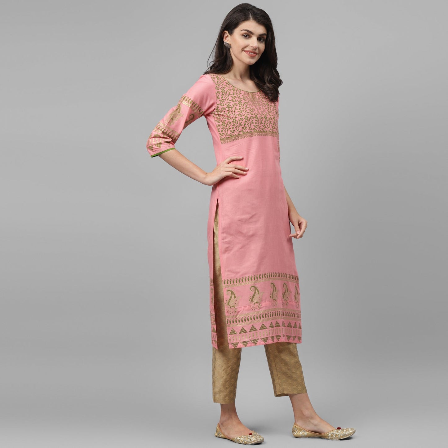 Maai Rayon Hand Printed Kurta Peach
