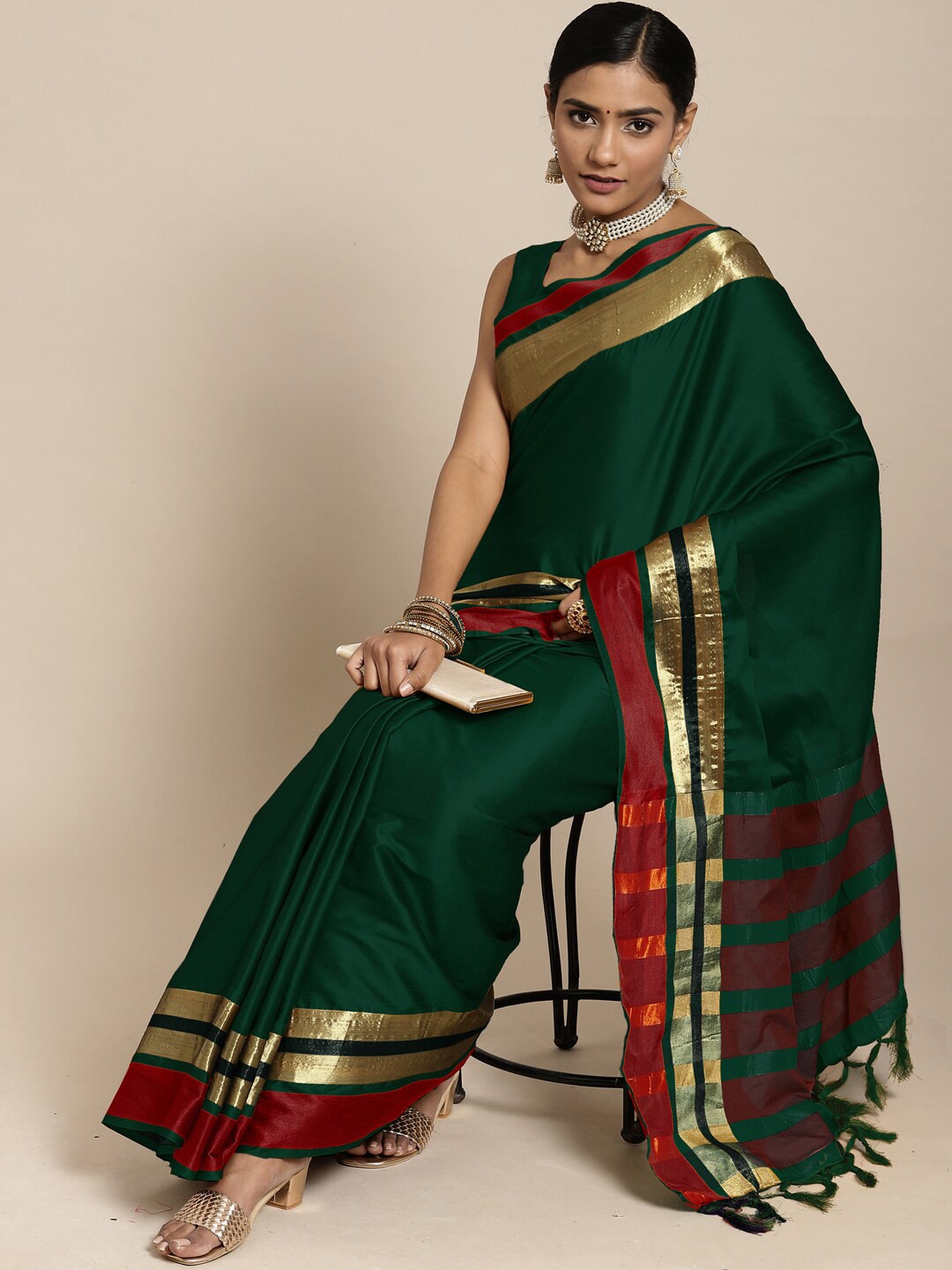 Saree Mall Green & Maroon Zari Silk Blend Uppada Sarees