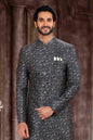 Raivat Ethnic Art Silk Digital Print Sherwani In Grey Black Colour