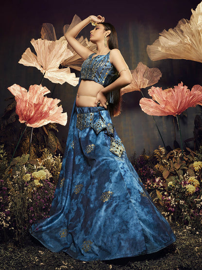 Myra Blue Velvet Embroidered Designer Lehenga