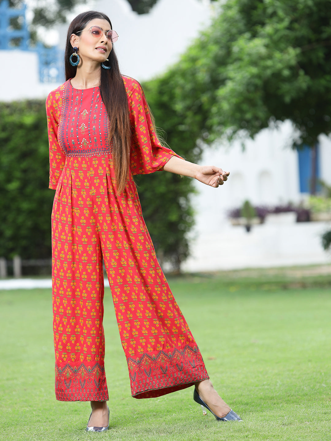 Juniper Women Coral Rayon Printed Regular Jumpsuit