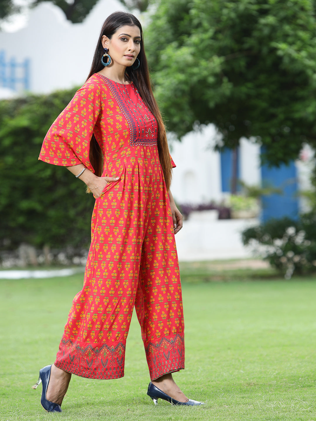 Juniper Women Coral Rayon Printed Regular Jumpsuit