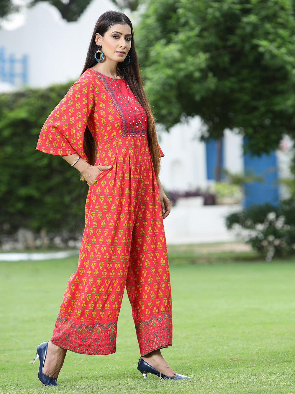 Juniper Women`s Coral Rayon Printed Regular Jumpsuit