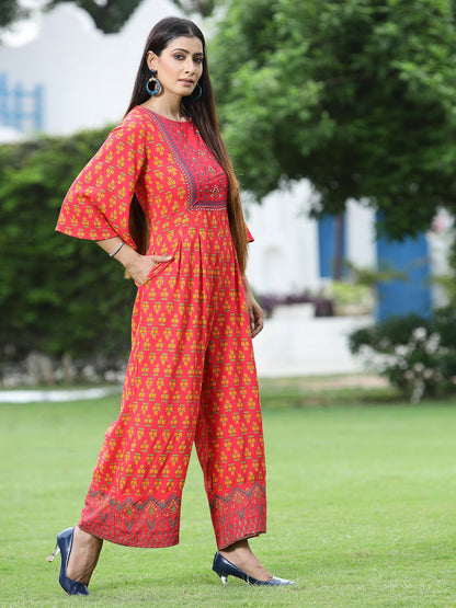 Juniper Women`s Coral Rayon Printed Regular Jumpsuit