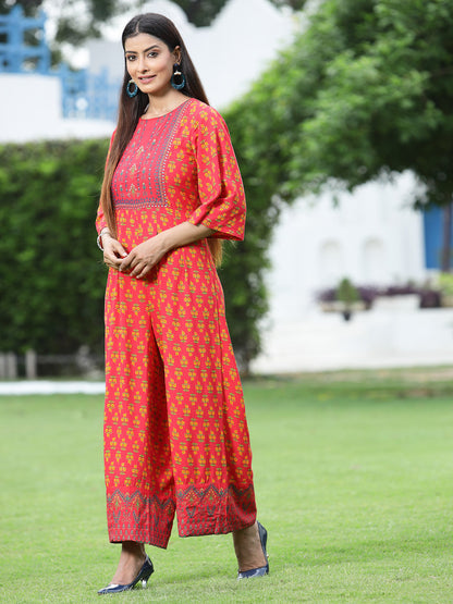 Juniper Women Coral Rayon Printed Regular Jumpsuit