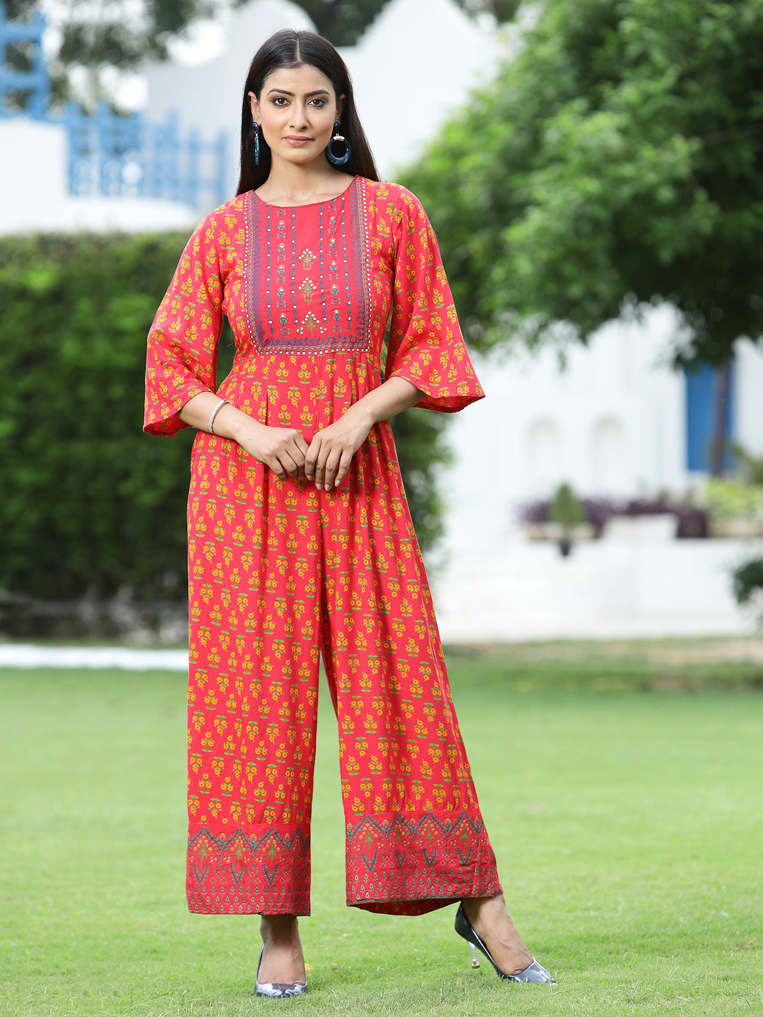 Juniper Women Coral Rayon Printed Regular Jumpsuit
