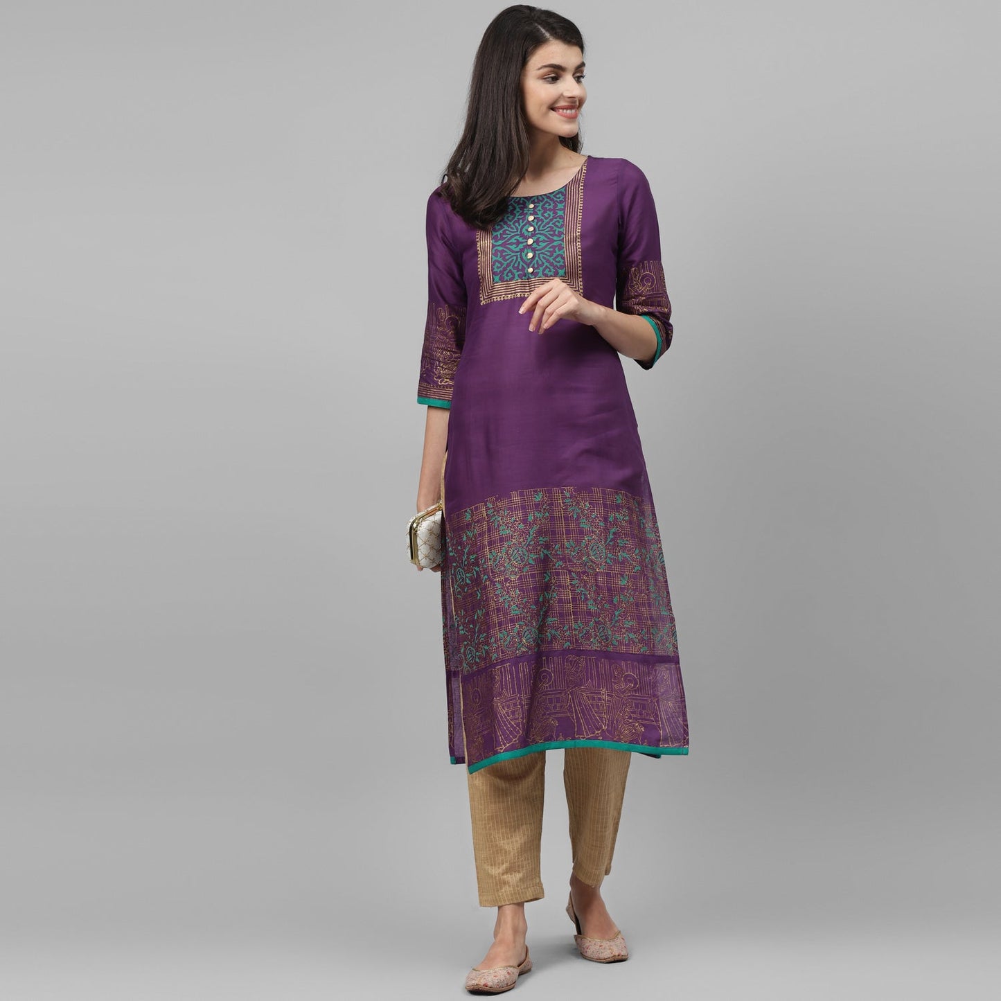 Maai Rayon Hand Printed Kurta Purple