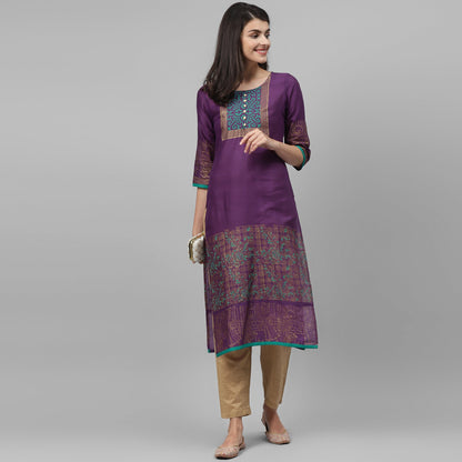 Maai Rayon Hand Printed Kurta Purple