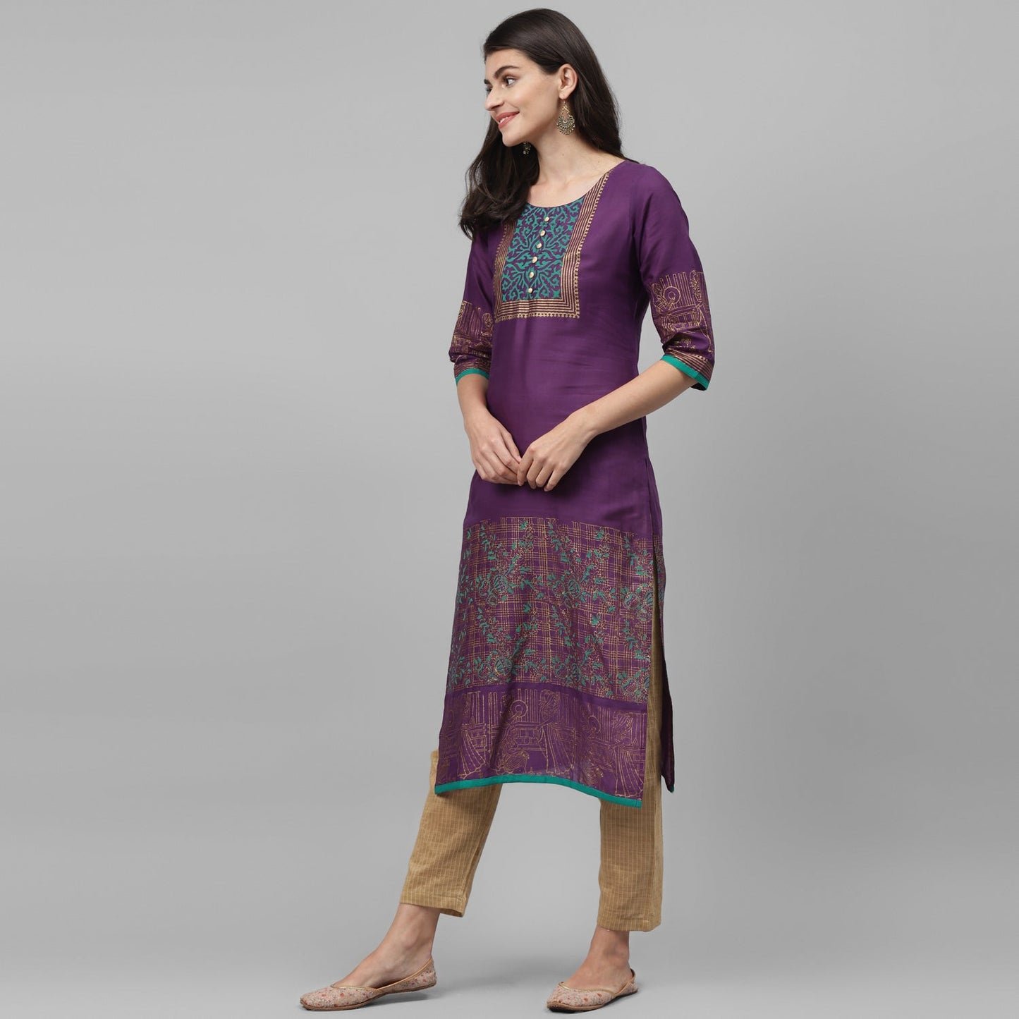 Maai Rayon Hand Printed Kurta Purple