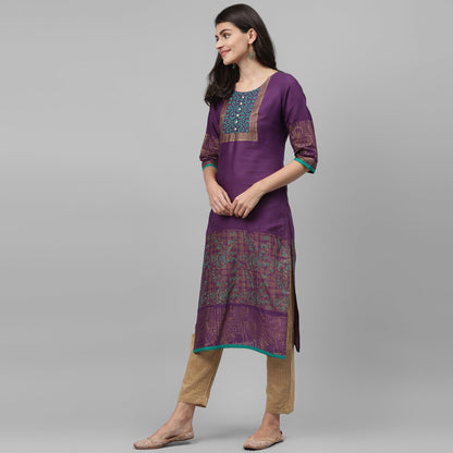 Maai Rayon Hand Printed Kurta Purple