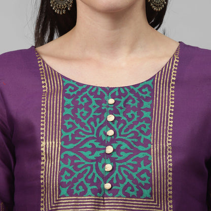 Maai Rayon Hand Printed Kurta Purple