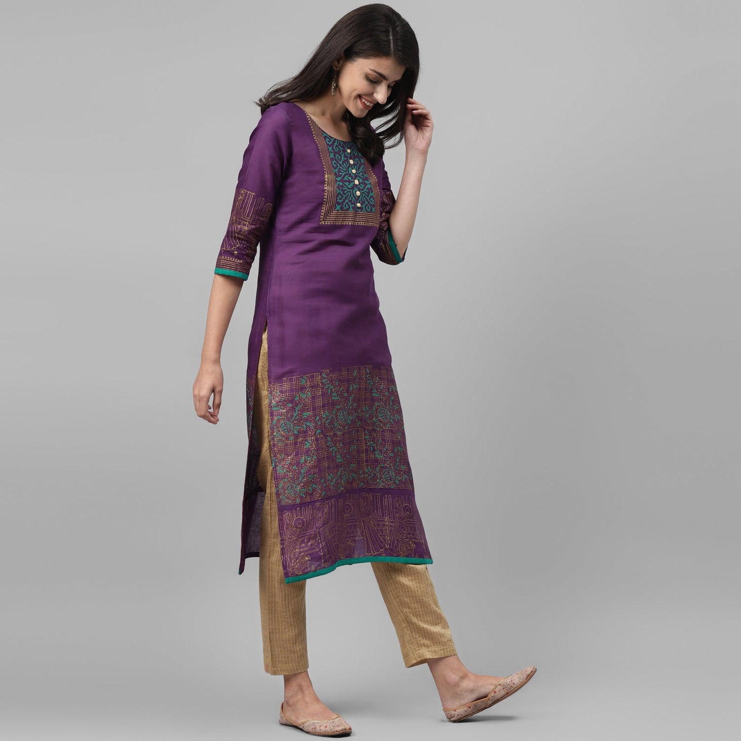 Maai Rayon Hand Printed Kurta Purple