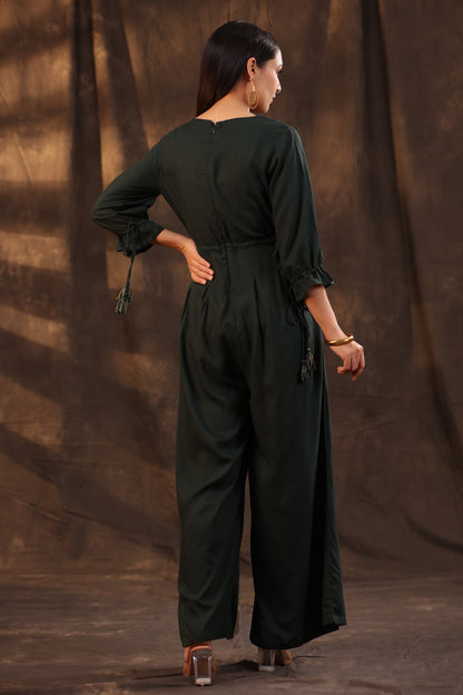 Juniper Women Jadegreen Rayon Slub Embroidered Regular Jumpsuit