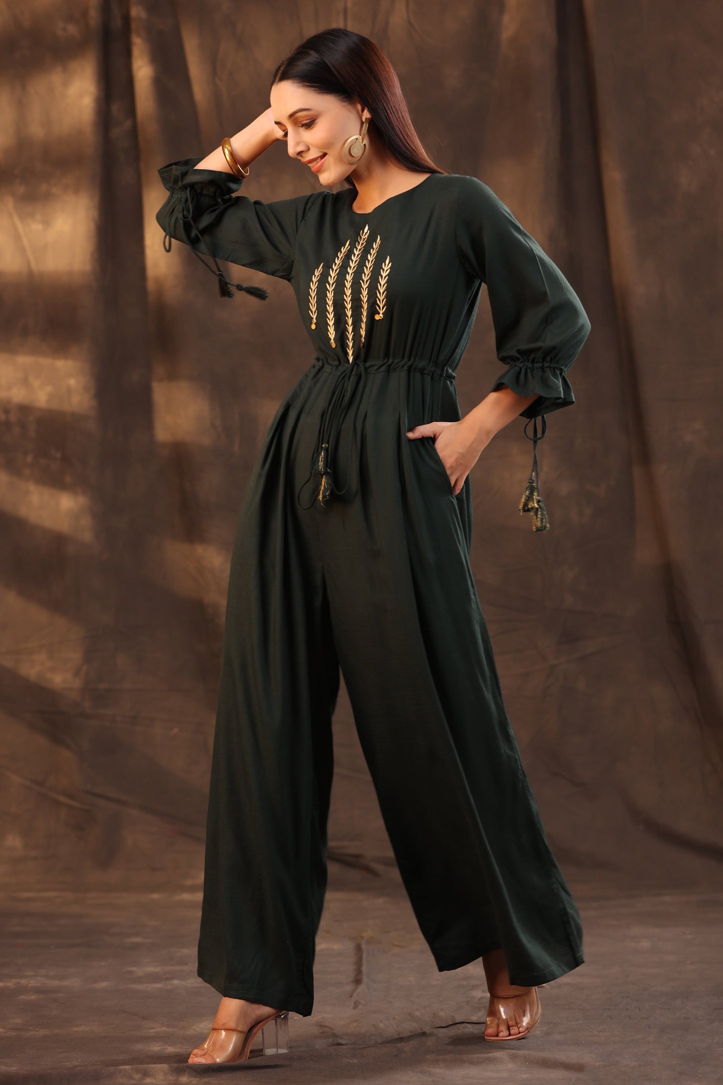 Juniper Women Jadegreen Rayon Slub Embroidered Regular Jumpsuit