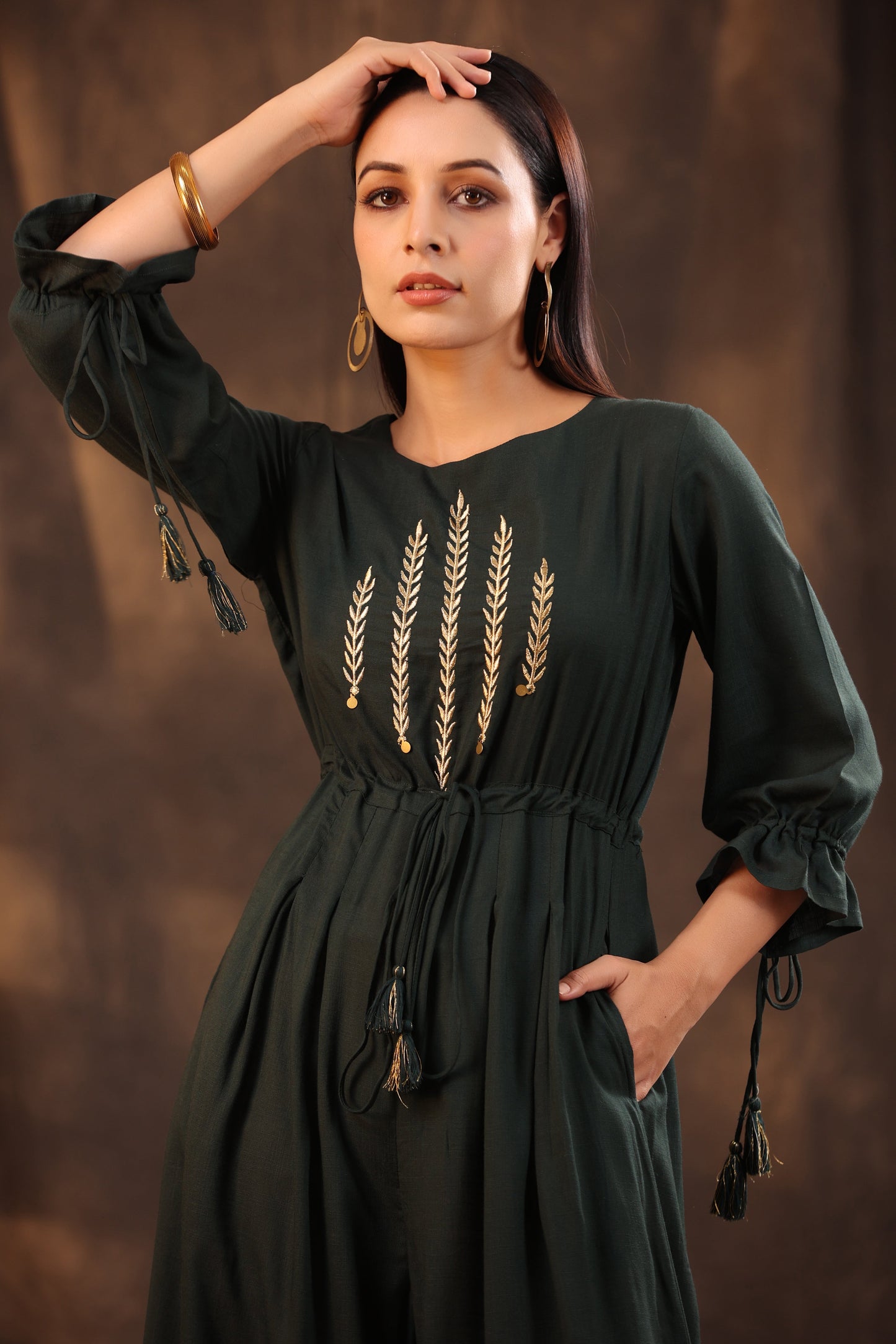 Juniper Women Jadegreen Rayon Slub Embroidered Regular Jumpsuit