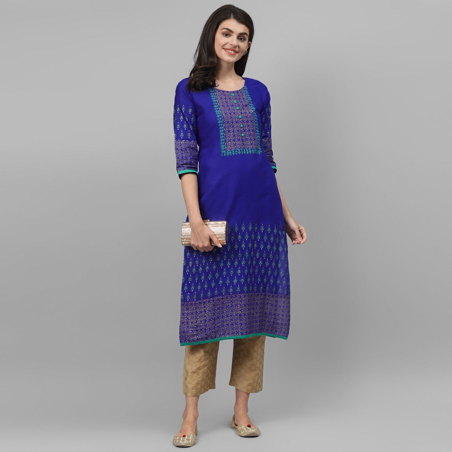 Maai Rayon Hand Printed Kurta Blue