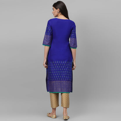 Maai Rayon Hand Printed Kurta Blue