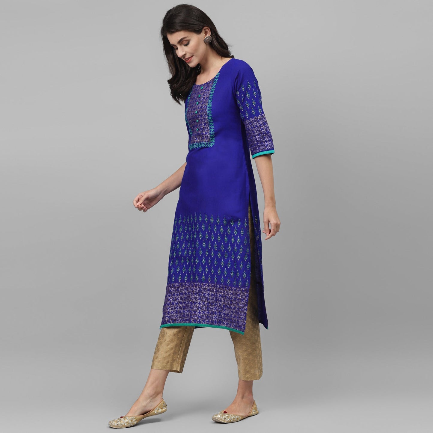 Maai Rayon Hand Printed Kurta Blue