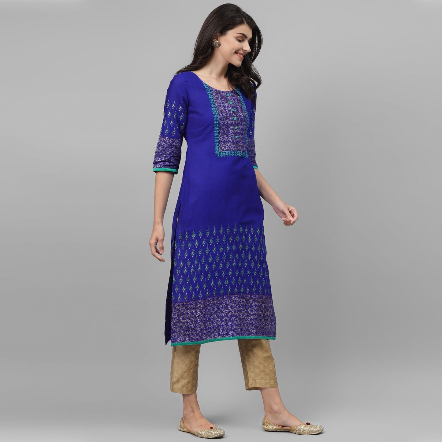 Maai Rayon Hand Printed Kurta Blue