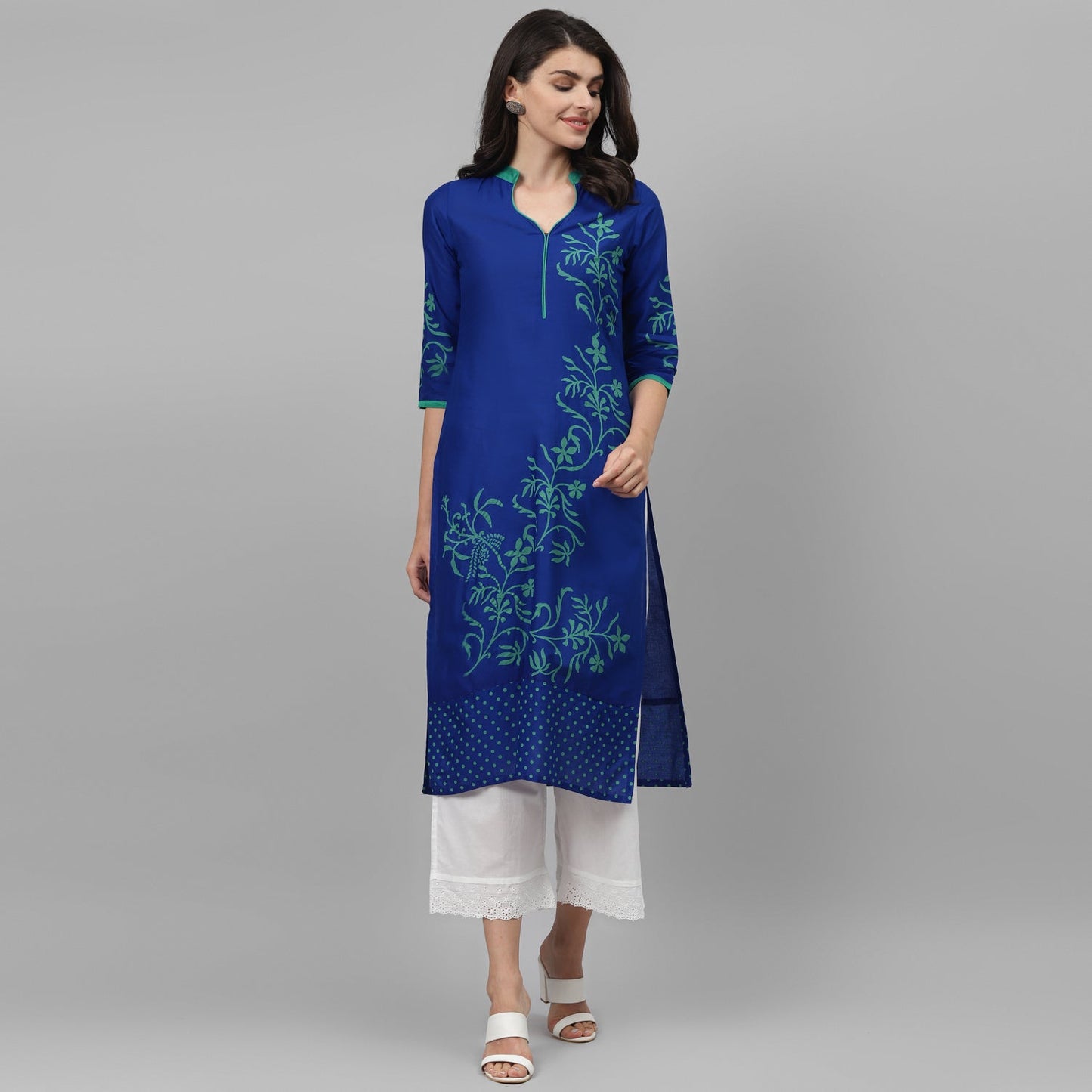 Maai Rayon Hand Printed Kurta Blue