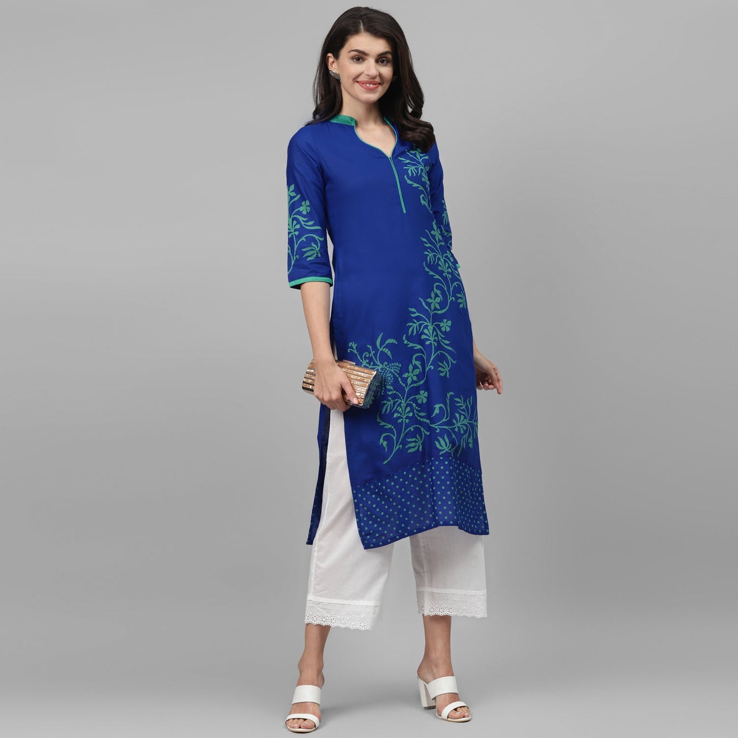 Maai Rayon Hand Printed Kurta Blue