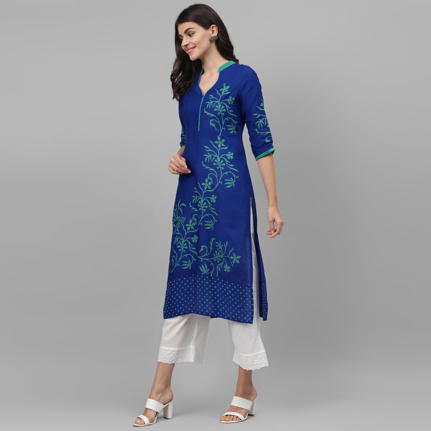 Maai Rayon Hand Printed Kurta Blue