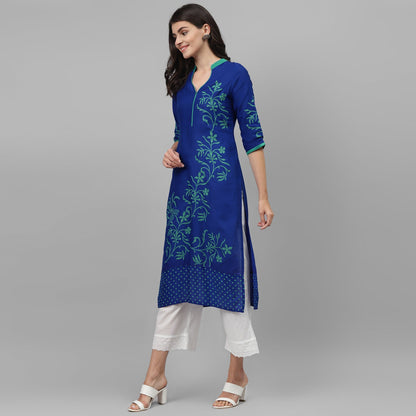 Maai Rayon Hand Printed Kurta Blue