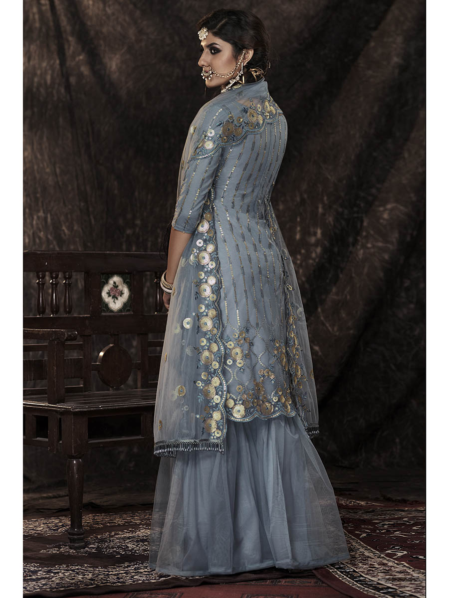 Myra Grey Net Embroidered Sharara Suit
