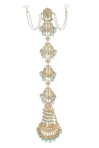 Gold-Polished White Blue Kundan-Studded Pearl Beaded Matha Patti - Ruby Raang