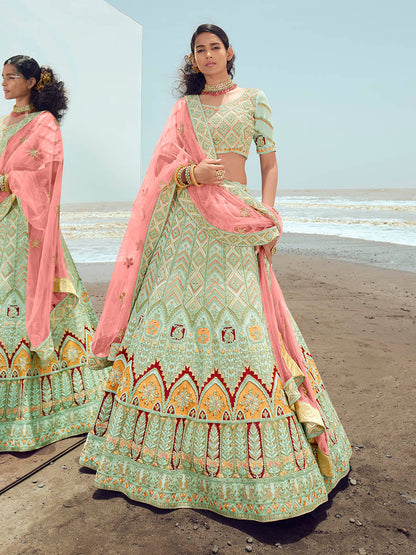 Myra Pista Green Gorgette Embroidered Designer Lehenga Choli