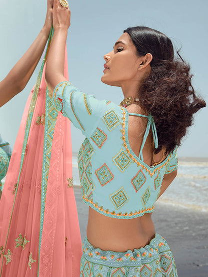 Myra Turquoise Georgette Embroidered Designer Lehenga Choli