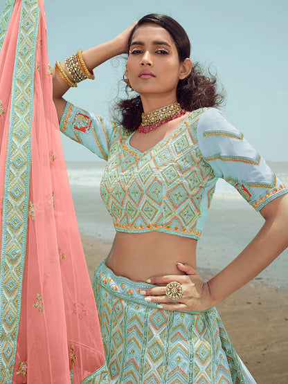 Myra Turquoise Georgette Embroidered Designer Lehenga Choli