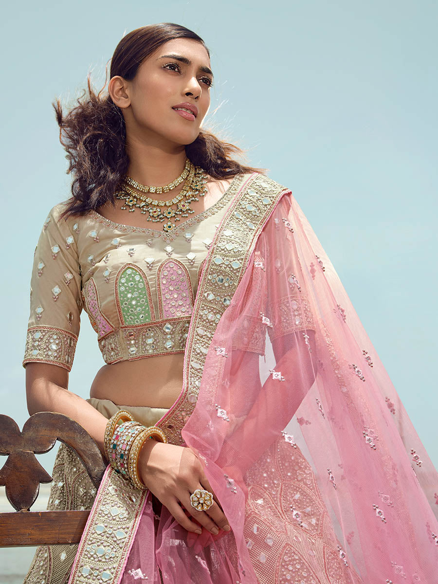 Myra Beige Organza Embroidered Designer Lehenga Choli