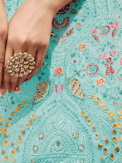 Myra Turquoise Georgette Embroidered Designer Lehenga Choli