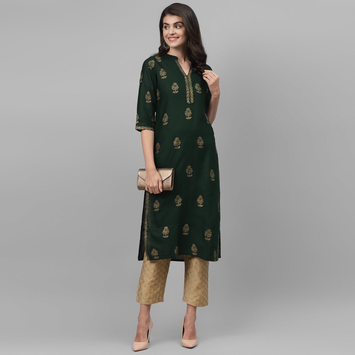 Maai Rayon Hand Printed Kurta Green