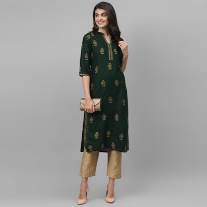 Maai Rayon Hand Printed Kurta Green