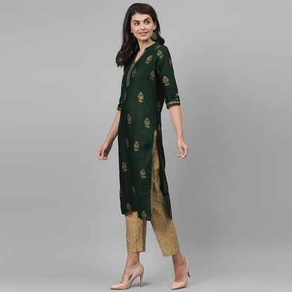Maai Rayon Hand Printed Kurta Green